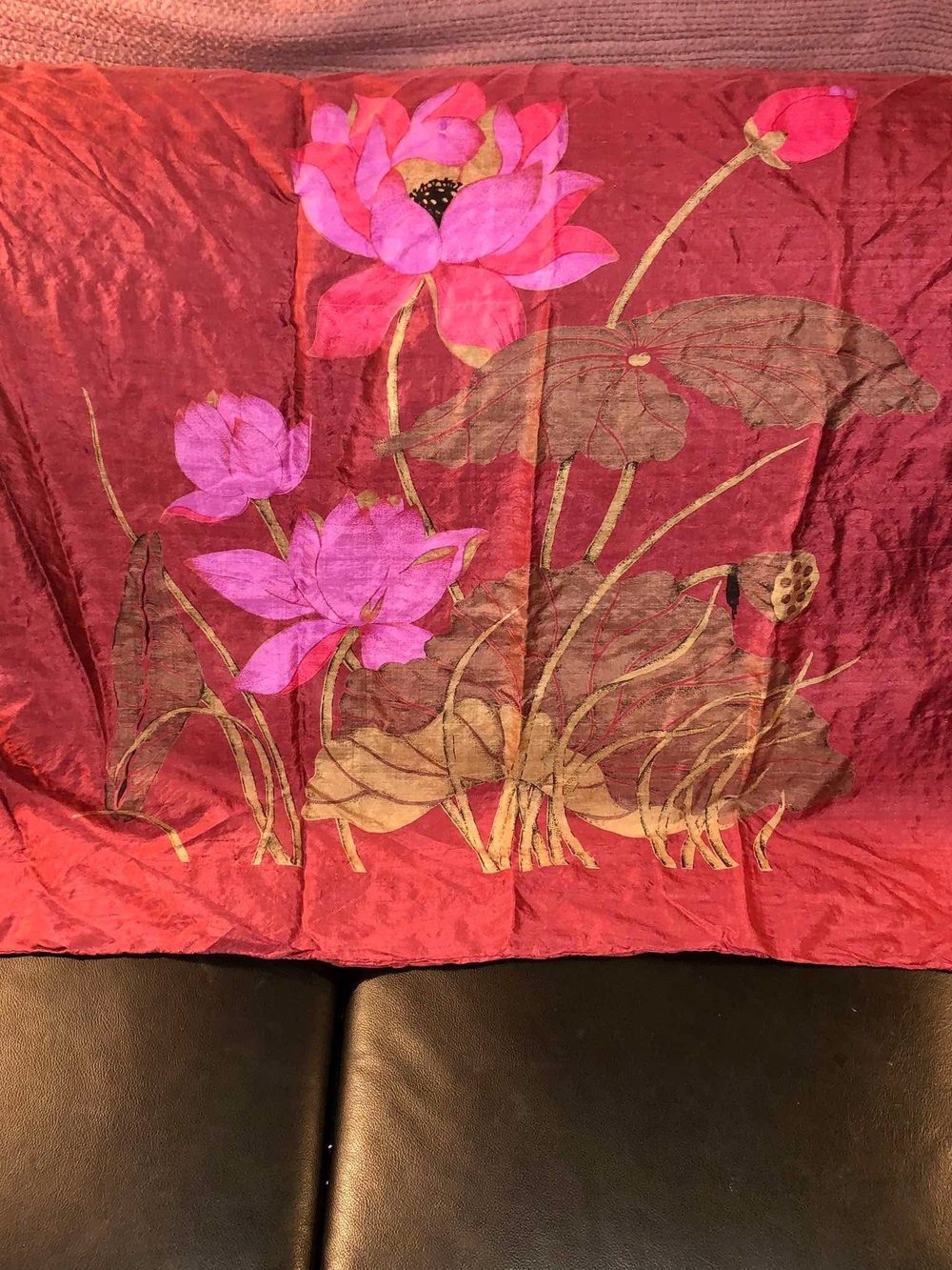 Luxurious Red Floral Satin Scarf with Pink Lotus Design